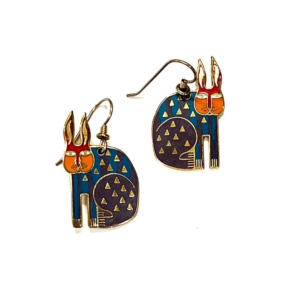 Laurel Burch vintage “Rabbit for Ross” earrings in teal, purple, red enamel